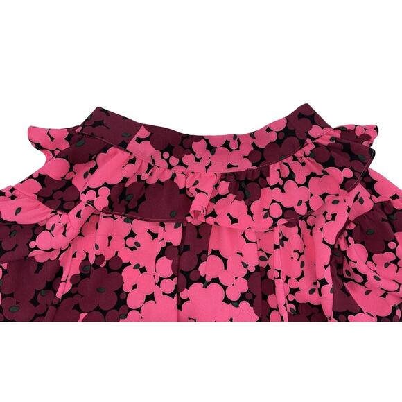 Kate Spade Blouse Pink & Burgundy Floral Small V-Neck W/ Tie Long‎ Sleeve Ruffle - Picture 6 of 9